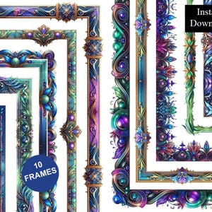 Könnte beinhalten: Eine Sammlung von zehn rechteckigen Rahmen mit komplizierten, verzierten Rändern in leuchtenden Blau-, Lila-, Grün- und Goldtönen. Die Designs enthalten kugelförmige Akzente und florale Muster. Ein blauer Kreis zeigt den Text 10 FRAMES.