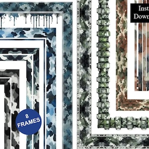 Puede incluir: Una colección de ocho marcos rectangulares con varios patrones de camuflaje en tonos azul, verde, marrón y negro. Algunos marcos muestran efectos de goteo de pintura, mientras que otros tienen diseños texturizados, metálicos o boscosos.
