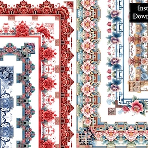 Chinees geïnspireerde 7 frames oosterse sierlijke stijl illustraties digitale download chinoiserie China decoratief rood blauw traditioneel A4 en 8,5 x 11, png