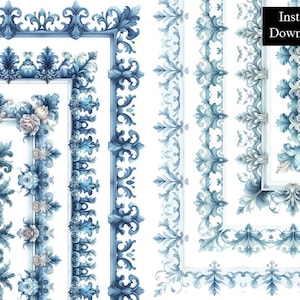 Hellblaue Rokoko Bordüren 8 Frames Verzierter Stil Clip Art Digitaler Download Vintage Dekorative Mittelalterliche Bordüre Seitenrahmen A4 & 8,5 x 11 PNG