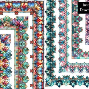 Glasmalerei-Bordüren 7 Frames Verzierter Stil Clip Art Digitaler Download Mittelalterliche Antik Bunte Farbe Fenster Alter Rahmen A4 & 8.5x11 PNG