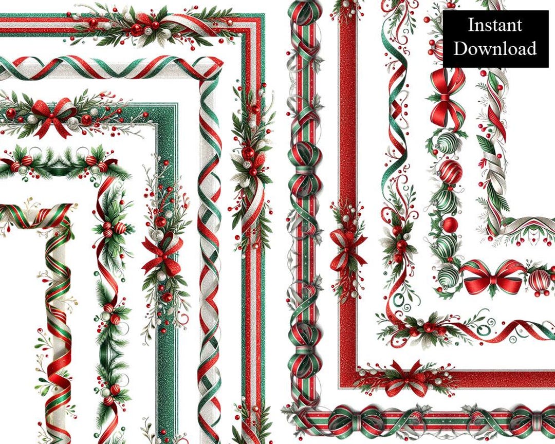 Christmas Ribbons Bows Borders Frames Clipart 10 Digital 8.5x11 & A4 ...