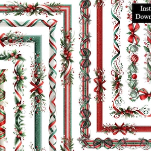 May include: A collection of Christmas-themed digital borders and frames. The designs feature red, green, and white ribbons, bows, holly, and ornaments. The words "Instant Download" are displayed in a black rectangle.