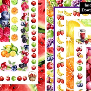 Cadres de bordures aquarelle de fruits Lot de 10 cadres de fruits d'été numérique Page fruitée A4 & 8,5 x 11 pouces bordure baies cerises cadre photo PNG