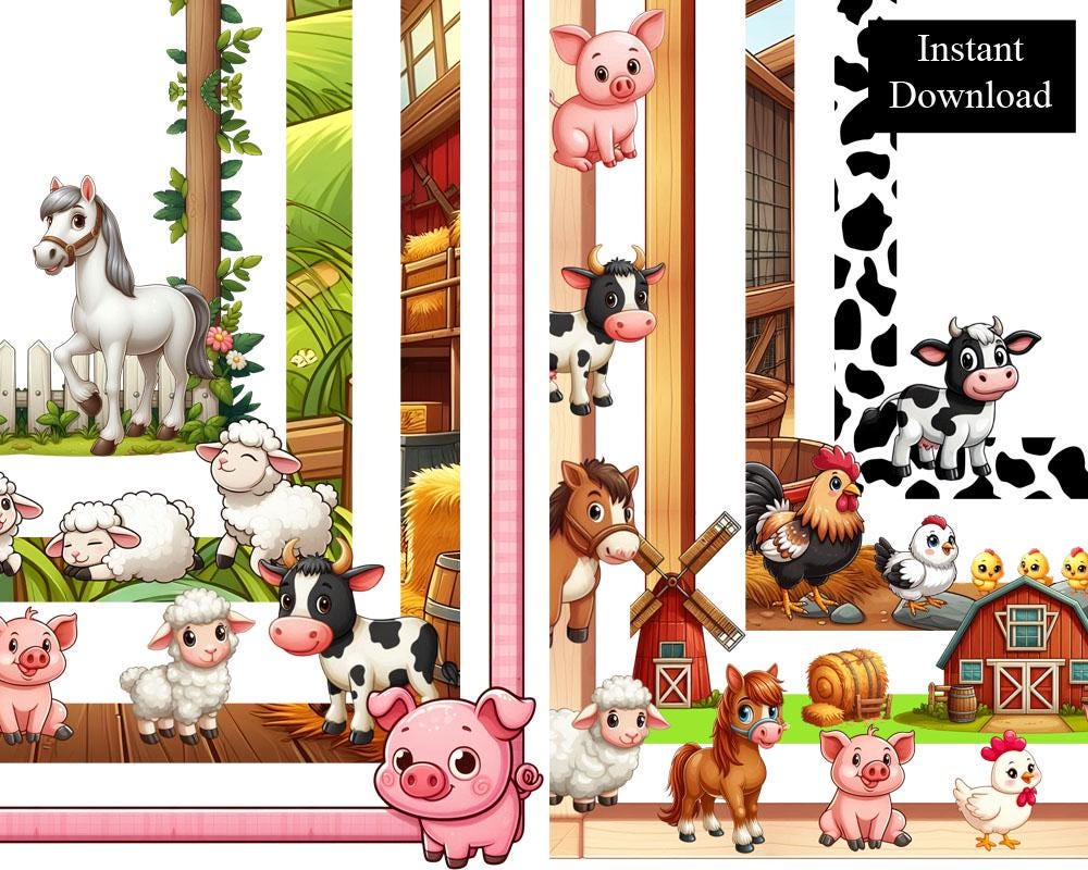 花の対称パターンステンシル、8.5x11インチ、再利用可能、絵画やクラフトプロジェクトに最適 農場の動物のボーダーページフレームクリップアートバンドル8デジタルダウンロードA4＆8.5  x 11インチPNG納屋かわいい動物馬牛豚鶏羊 - Etsy 日本, image size:1000x800