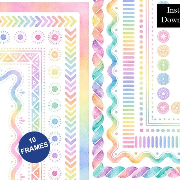 Pastel Rainbow Borders 10 Frames Digital Download Bundle Classroom A4 & 8.5x11 PNG Printable Page