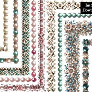 Marcos de borde de página de madreperla, cadena de perlas decorativa adornada, paquete de 9 imágenes prediseñadas de joyas antiguas digitales vintage A4 y 8,5 x 11 PNG