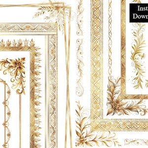 Cornici decorative dorate con bordi ornati in filigrana floreale Certificato dorato ClipArt Bundle 10 fogli glitterati antichi digitali A4 e 8,5x11 PNG