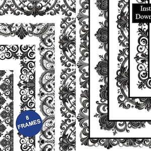 Pode incluir: Uma coleção de oito molduras retangulares com padrões intrincados de volutas pretas e filigrana ornamentada sobre um fundo branco. A imagem inclui o texto 8 FRAMES e Instant Download em caixas pretas e brancas.