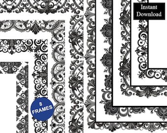 Svarta dekorativa ramar, 8 ramar, digital nedladdning, A4 och 8,5x11 PNG, utskrivbara sidor