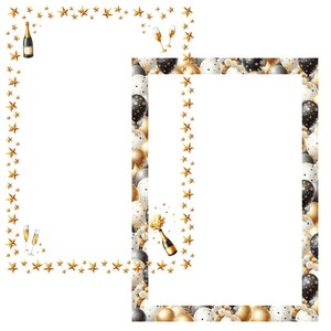 May include: Two gold frames with white backgrounds decorated with gold stars, black and gold balloons, and champagne bottles and glasses.