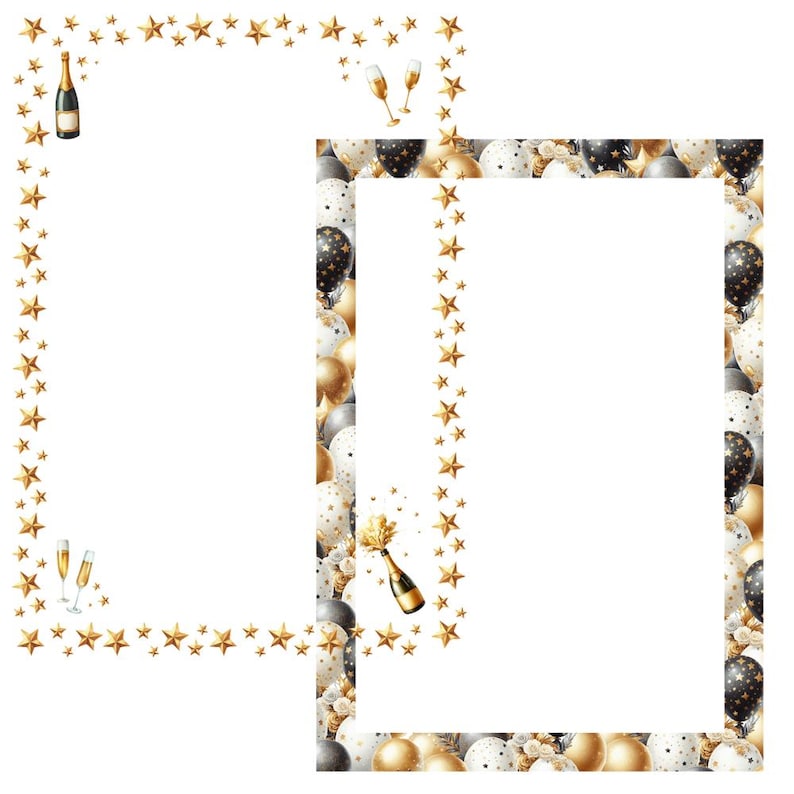 May include: Two gold frames with white backgrounds decorated with gold stars, black and gold balloons, and champagne bottles and glasses.