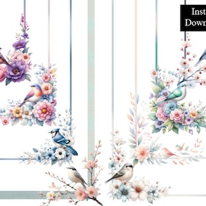 Può includere: Illustrazione ad acquerello con uccelli appollaiati su composizioni floreali. Il design include fiori rosa, viola e blu con fogliame verde. Le parole "Instant Download" sono in un rettangolo nero in alto a destra.