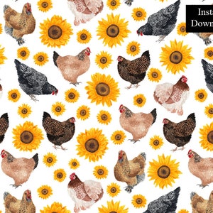 Poulet tournesol aquarelle transparente motif de répétition de carreaux papier numérique téléchargement Floral poulets motifs PNG sans couture carreaux de répétition