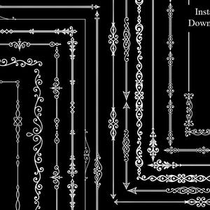 May include: A collection of white decorative borders, corners, and dividers set against a solid black background. The graphic elements feature intricate scrollwork, filigree patterns, and straight lines. The text Instant Download is visible.
