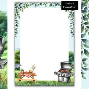 May include: A rectangular stationery page featuring a white centre bordered by green leaves at the top. The bottom displays a picnic scene with a wooden table, a burger, a drink, and a grill on the grass. The text Instant Download is visible.