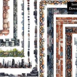 Może przedstawiać: Zestaw cyfrowych akwarelowych ramek z różnymi wzorami kamienia i cegły. Ramki idealnie nadają się do dodania rustykalnego lub średniowiecznego charakteru do projektów cyfrowych.