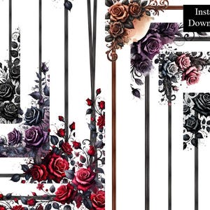 Può includere: Quattro design d'angolo digitali con rose nere, rosse e viola con steli e foglie nere. I design sono su uno sfondo bianco con linee nere.