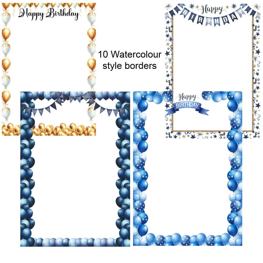 Birthday Party Watercolour Borders Frames Happy Birthday Clipart Bundle ...