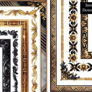 Schwarz und Gold Dekorative Bordüren Rahmen Verzierte Blumen Goldene Zertifikat ClipArt Bundle 9 Digitale Antike Vintage Folie A4 & 8.5x11 PNG
