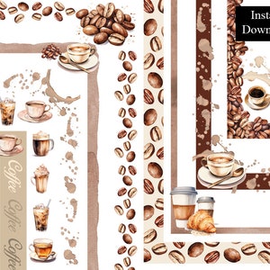 Bordures aquarelle café café cadres café Clip Art Bundle 9 téléchargement numérique cadre A4 & 8,5 x 11" grain de café cappuccino Latte bord Menu