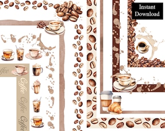 Peut inclure: Ensemble de clipart numérique d'illustrations de café aquarelle. Comprend des grains de café, des tasses de café, des taches de café et un gobelet à café à emporter. Parfait pour le scrapbooking numérique, les planificateurs et autres projets créatifs.
