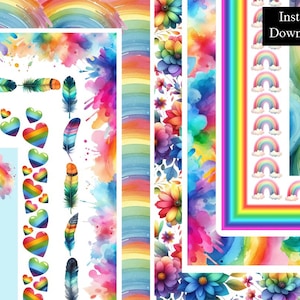 Colorato arcobaleno acquerello stile bordi cornice bordo bundle 10 PNG download digitale A4 e 8,5 x 11 cornici carte piume cuori luminoso