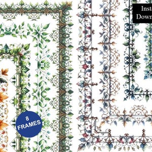 Leaves and Vines Borders 8 Frames Bundle Digital Download A4 & 8.5x11 PNG Printable Page