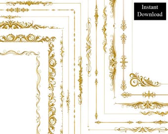 Simple Gold Borders Frames ClipArt 12 Digital Downloads 8.5x11 & A4 Gothic Flourish Romance Page