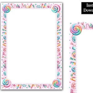Ramki z obramowaniem Candyland Candy Land do wydrukowania w formacie PNG i PDF Clip Art Bundle Cyfrowe lizaki Cukierki Słodycze Lizaki Różowe A4 i 8,5 x 11