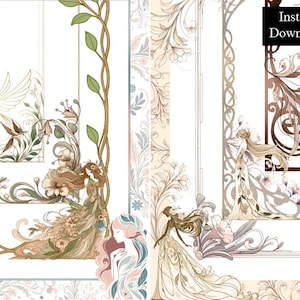 May include: Digital art print featuring elegant illustrations of women in flowing gowns, surrounded by floral and botanical elements. The artwork has a soft color palette of beige, brown, and green, with the words "Instant Download" in the upper right corner.