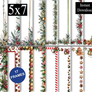 Peut inclure: Une collection de 17 cadres rectangulaires au format 5x7 avec des bordures sur le thème de Noël, incluant branches de pin, baies rouges, boules, sucres d'orge, biscuits et cadeaux, avec le texte 5x7 et 17 FRAMES.