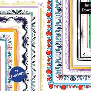 Puede incluir: Una colección de once marcos digitales rectangulares con varios patrones dibujados a mano, incluyendo motivos florales, líneas onduladas y formas geométricas en colores vibrantes como rojo, azul, amarillo y verde. Texto: 11 FRAMES e Instant Download.