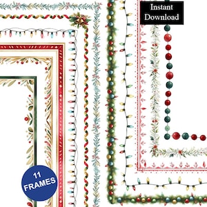 Simple Watercolour Christmas Borders Frames ClipArt 11 Digital Download 8.5x11 & A4 Festive Stationery Page