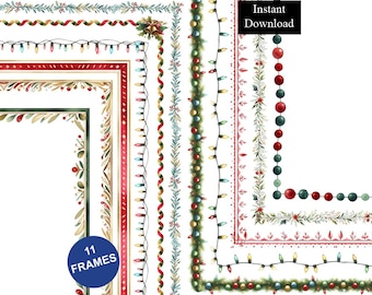 Peut inclure: Une collection de onze cadres rectangulaires numériques sur le thème de Noël, présentant des illustrations à l'aquarelle de guirlandes de pin, de lumières, de boules rouges et vertes, de rubans et de houx. L'image contient le texte Instant Download et 11 FRAMES.
