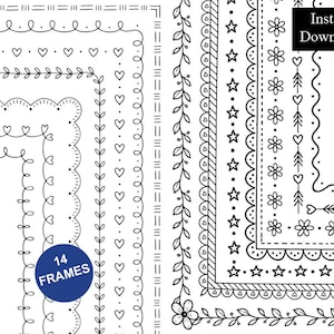 Peut inclure: Une collection de 14 cadres numériques en noir et blanc présentant divers motifs de bordures dessinés à la main, notamment des cœurs, des étoiles, des fleurs, des feuilles et des motifs géométriques. Le texte Instant Download et 14 FRAMES est inclus.