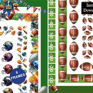 May include: A digital collection of Super Bowl themed graphics featuring football helmets, American footballs, field yard markers, pennant banners, and party snacks. The set includes 8 frames and text elements reading Super Bowl and Instant Download.