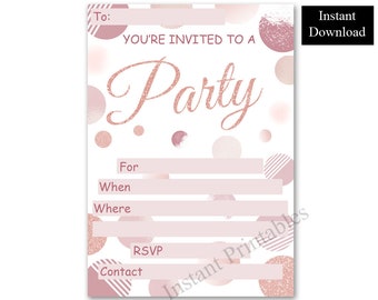 Blank Birthday Invitation | Rose Gold Party Invite | Printable Birthday | Blank Party Invite | Womens Birthday | Downloadable Invitation