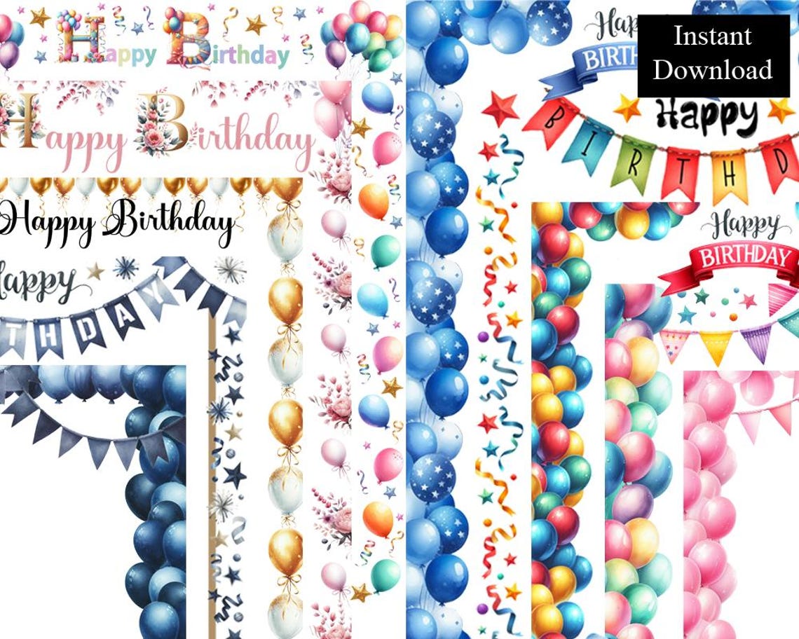 Birthday Party Watercolour Borders Frames Happy Birthday Clipart Bundle ...