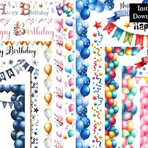 Verjaardagsfeestje aquarel randen Frames Happy Birthday Clip Art bundel 10 digitale download ballonnen A4 en 8,5 x 11 afdrukbare paginarand, PNG