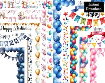 Birthday Party Watercolour Borders Frames Happy Birthday ClipArt Bundle 10 Digital A4 & 8.5x11 Printable