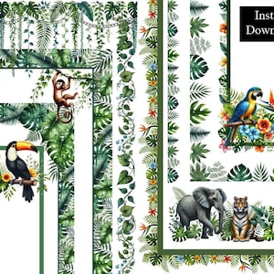Jungle Watercolor Borders Page Frames Clip Art Bundle 8 Download digitale A4 e 8,5 x 11 pollici PNG Viti Ara Scimmia Tigre Panda Giraffa