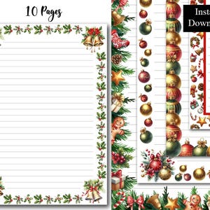 Gevoerd briefpapier kerstbriefpapier afdrukbare digitale download Kerstmis gelinieerd briefpapier A4 Instant Download Bells Boomballen