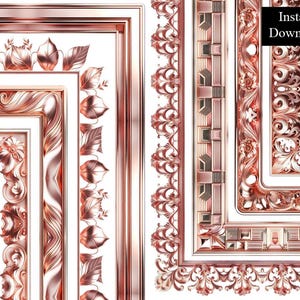Bordures décoratives en or rose, cadre fleuri rose brillant, certificat ClipArt, lot de 8 feuilles de métal antique numériques A4 & 8,5 x 11 PNG