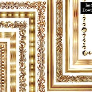 Solid Gold Dekorative Bordüren Rahmen Verzierte glänzende polierte goldene Zertifikat ClipArt Bundle 10 Digitale Antike glitzernde Folie A4 & 8.5x11 PNG