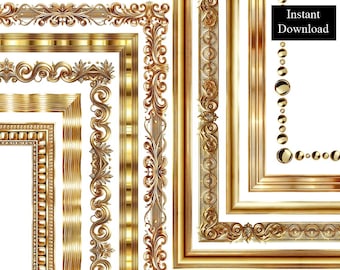 Solid Gold Decorative Borders Frames Golden Certificate ClipArt Bundle 10 Digital A4 & 8.5x11 PNG