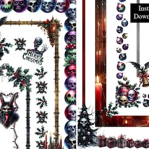 Aquarelle de Noël effrayant bordures cadres gothique foncé Clip Art 9 téléchargement numérique 8,5 x 11 & A4 page imprimable Noël