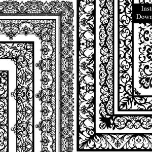 Può includere: Elementi di design digitale in bianco e nero con bordi e angoli decorativi ornati. I disegni includono motivi floreali e a volute, con le parole "Download istantaneo" in un riquadro nero.