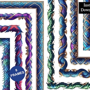 May include: A collection of eight rectangular decorative frames featuring intricate dragon scale patterns in shades of blue, purple, and green, accented with gold filigree details. The image includes text that reads 8 FRAMES and Instant Download.
