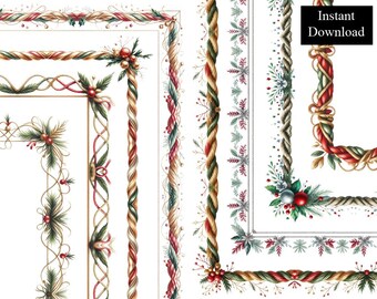 Bordes navideños de cuerda, 8 marcos ornamentados en acuarela, imágenes prediseñadas, descarga digital, tamaño A4 y carta, 8.5 x 11 pulgadas, documento imprimible.